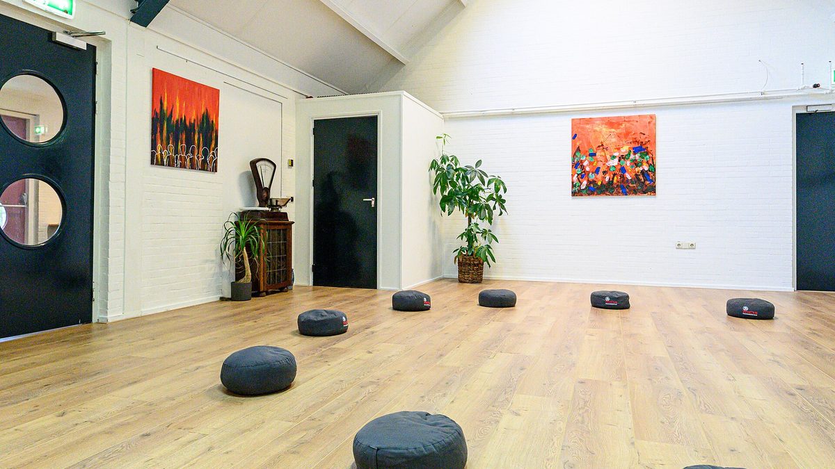 Heller Yogaraum mit Holzboden, Meditationskissen, Grünpflanzen und farbigen Bildern